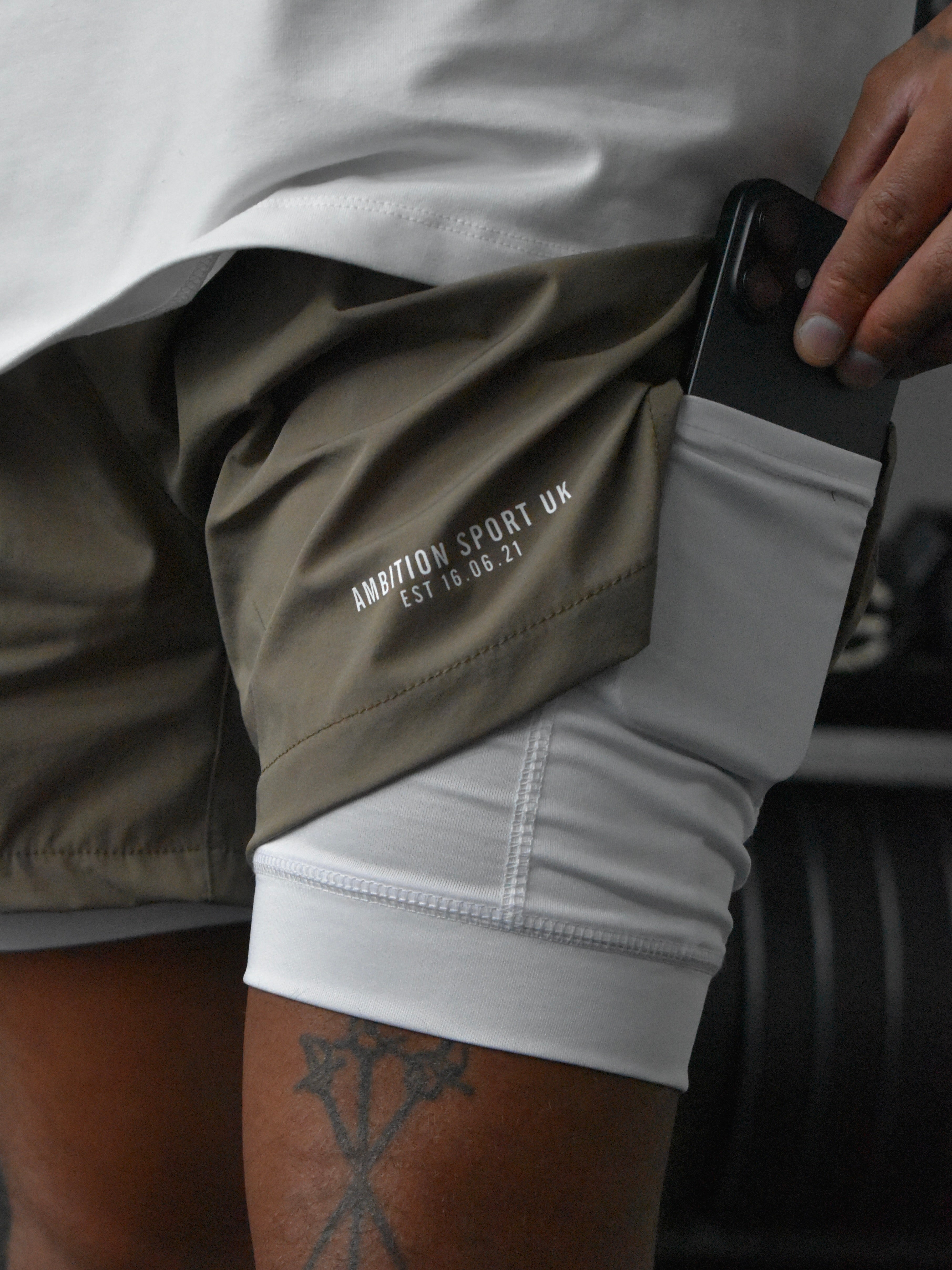 Impact Tech Shorts - Dark Khaki / White